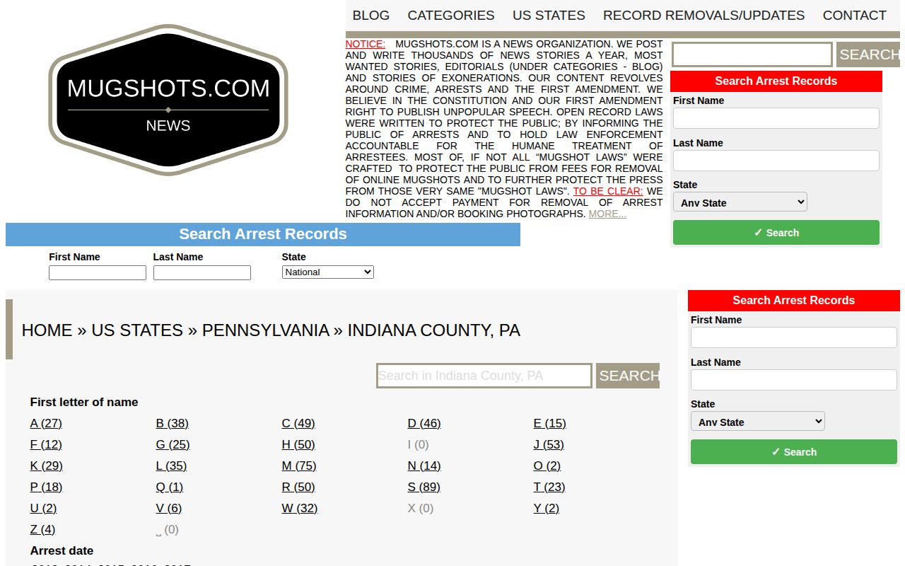Unofficial Indiana County third-party mugshot landscape source