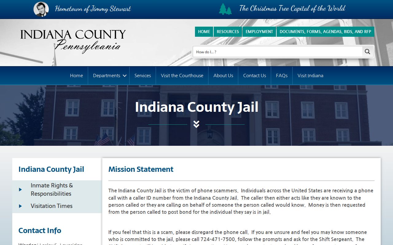 Indiana County Jail official current custody contact page
