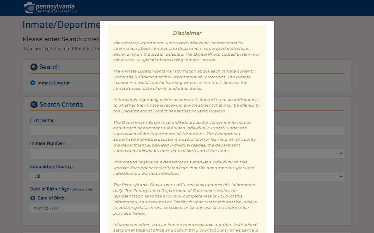 Pennsylvania Department of Corrections state custody locator
